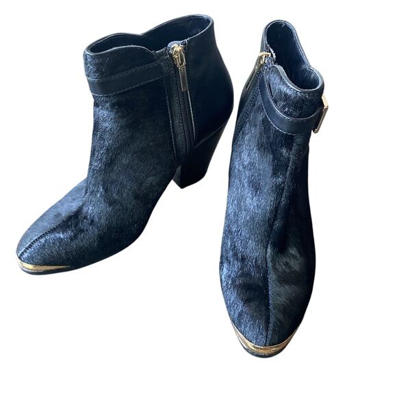 Calf Hair Stacked Heel Booties Black Leather Womens Sz 7 - Picture 2 of 10